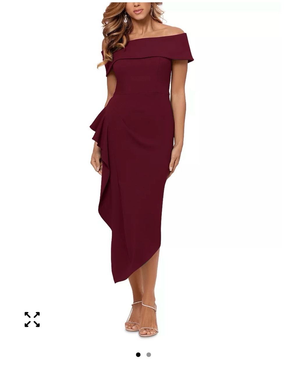 Betsy & Adam Off-Shoulder Burgundy Midi Dress with Side Ruffle